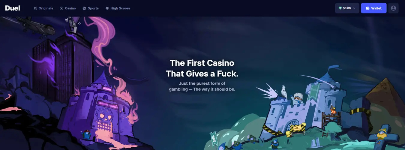 Duel Casinos hjemmeside - kryptokasino med 100% RTP-spill i mai 2026
