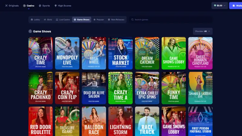 Duel Casinos game show-urval - Crazy Time, Monopoly Live, Mega Wheel, Dream Catcher