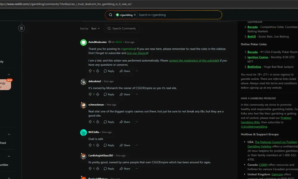 Duel Casino-diskusjon på Reddit r/gambling - ekte spillererfaringer