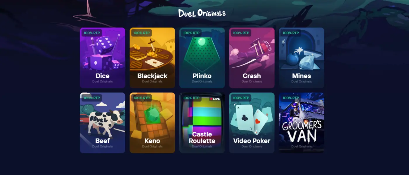 Duel Casinos 10 Originals-spill: Dice, Blackjack, Plinko, Crash, Mines, Beef, Keno, Castle Roulette, Video Poker og Groomer's Van - alle med 100% RTP